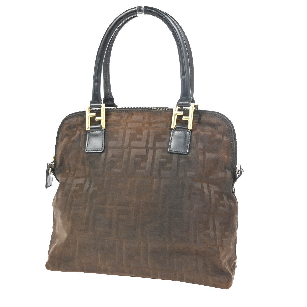 FENDI Zucca Hand Bag Nylon Leather Brown Black GHW Italy 68KC918