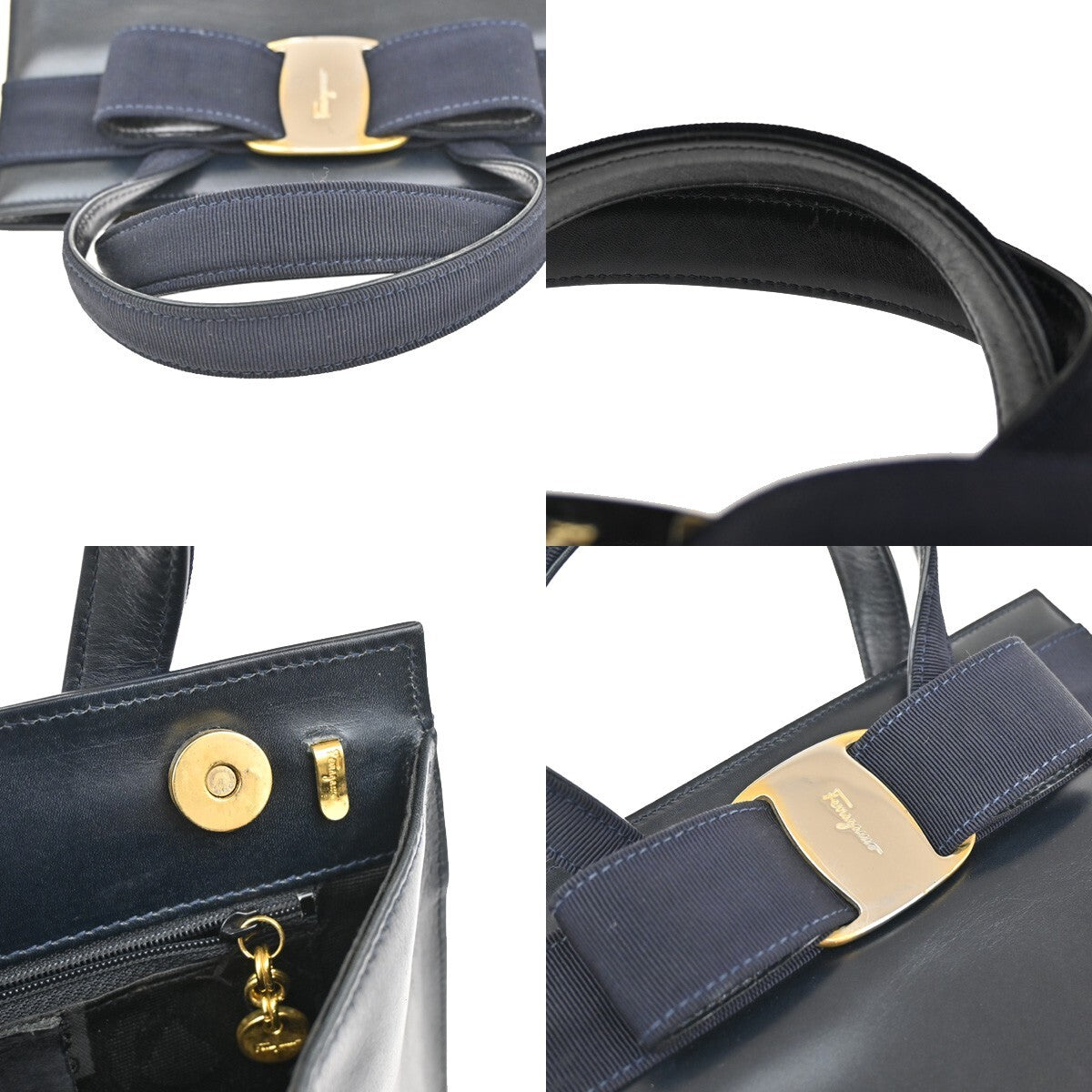 SALVATORE FERRAGAMO Logo Vara 2Way Shoulder Hand Bag Canvas Leather Blue 36FB807