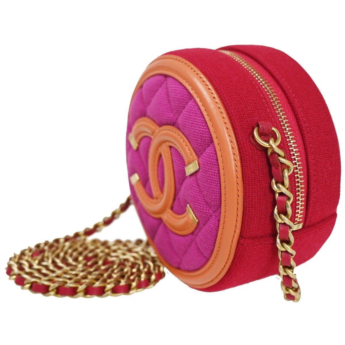 CHANEL CC Round Mini Chain Shoulder Bag Canvas Leather Red Magenta 377RH640