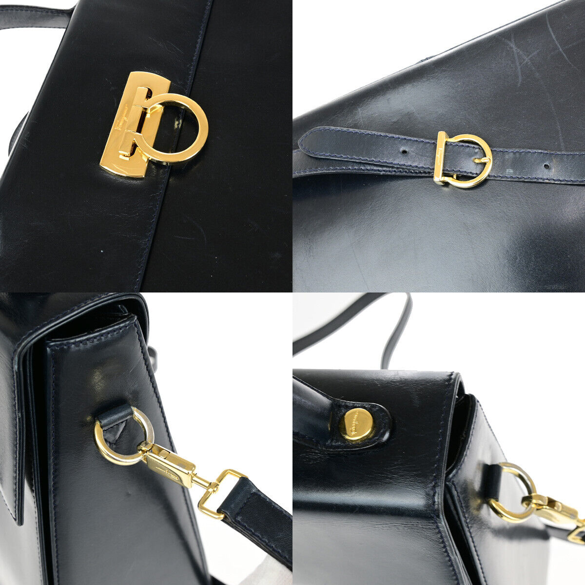 SALVATORE FERRAGAMO Logo Gancini 2Way Shoulder Hand Bag Leather Blue GHW 34YF576