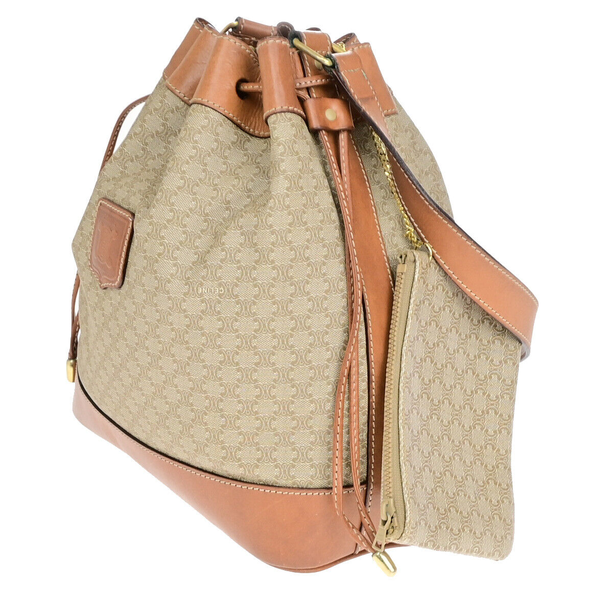 CELINE Macadam Drawstring Shoulder Tote Bag PVC Leather Beige Brown GHW 33YF570