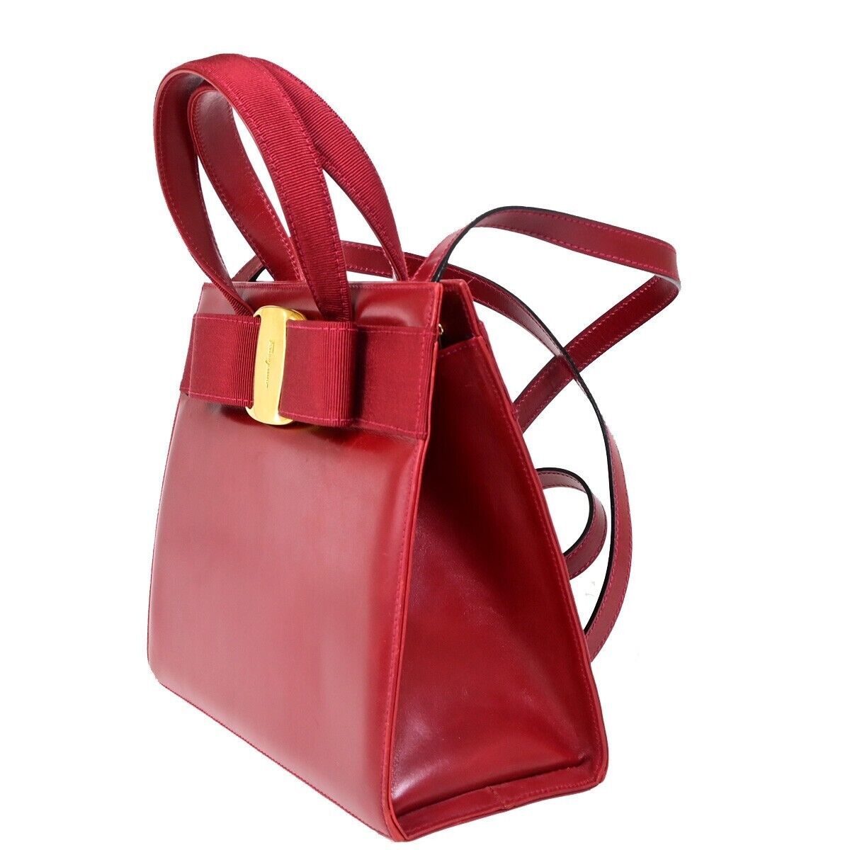 SALVATORE FERRAGAMO Logo Vara 2Way Shoulder Hand Bag Canvas Leather Red 30FA618