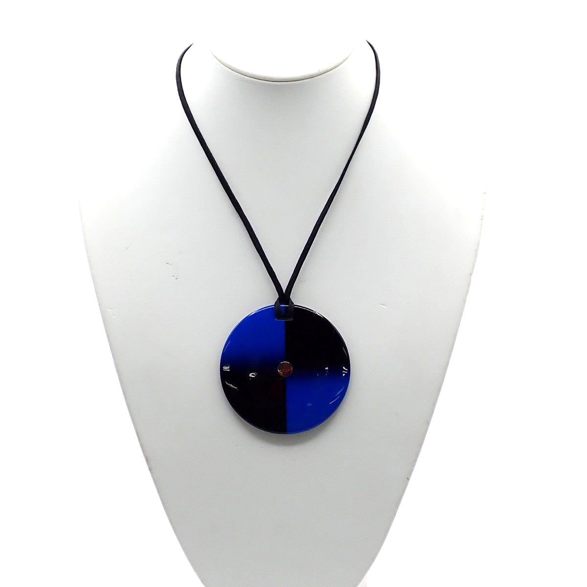 HERMES Logo Round Necklace Pendant Lacquered Horn Blue 69KP062