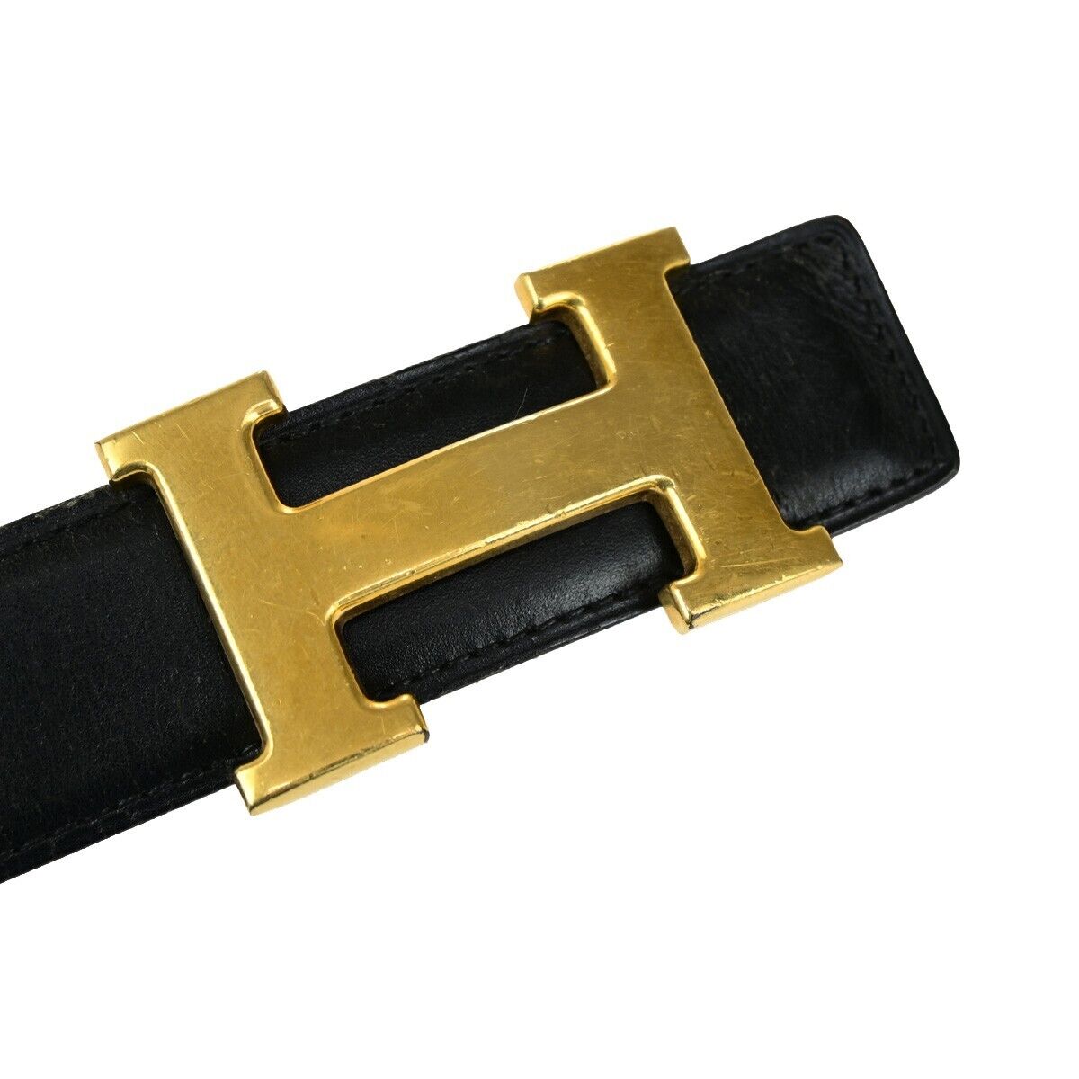 HERMES H Logo Constance Reversible Buckle Belt Leather #90 Black Brown 36YG749