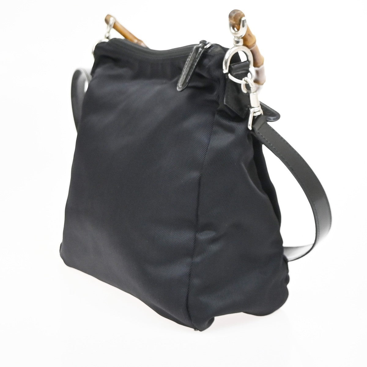 GUCCI Logo Bamboo 2Way Shoulder Hand Bag Nylon Leather Black SHW Italy 64ZA309