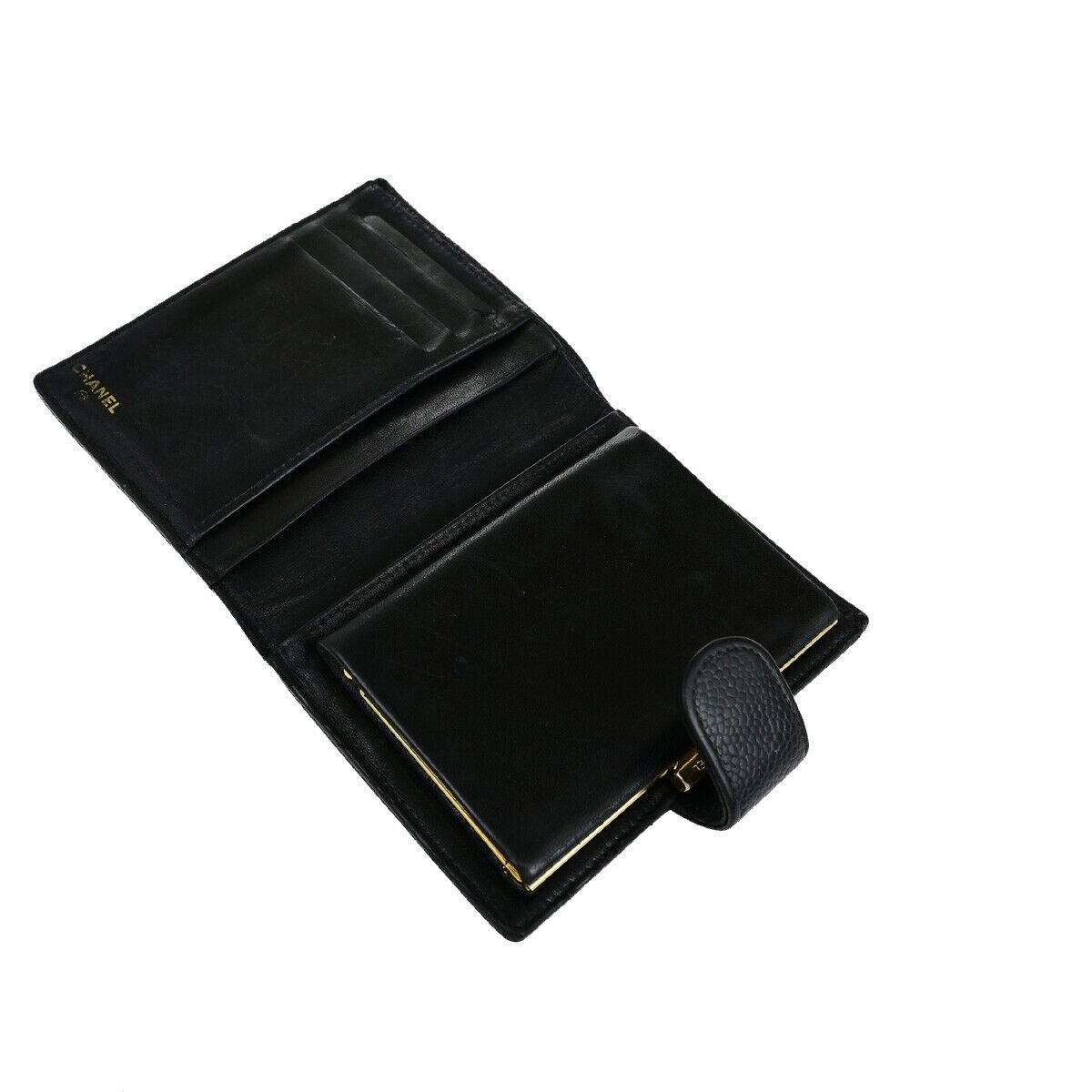 CHANEL CC Logo Compact Wallet Grained Calfskin Leather Black GHW France 87RK702