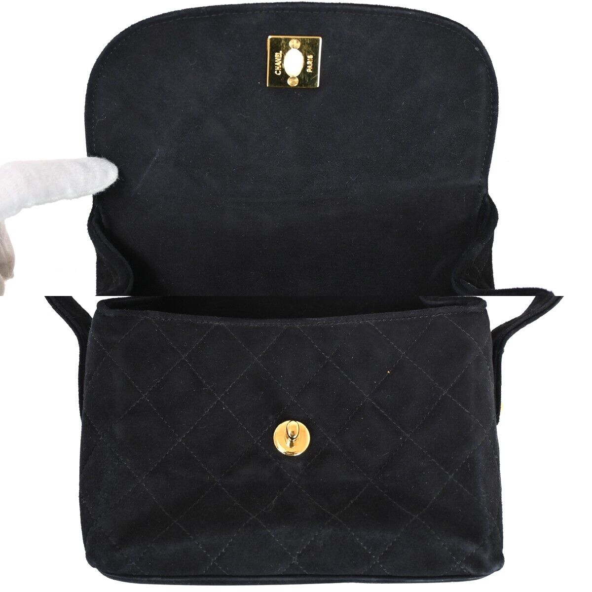 CHANEL CC Logo Mini Matelasse Shoulder Bag Suede Leather Black Gold 691HB551