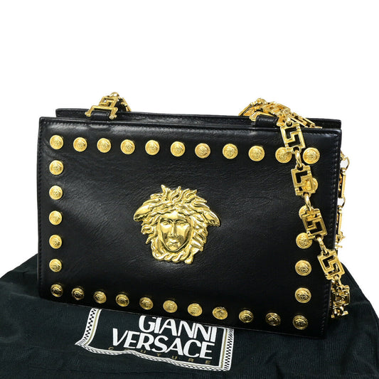 GIANNI VERSACE Logo Medusa Chain Shoulder Bag Leather Black GHW 72YG342