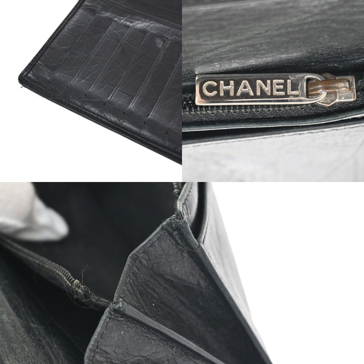 CHANEL CC Logo Cambon Long Bifold Wallet Leather Black Silver France 60HB515