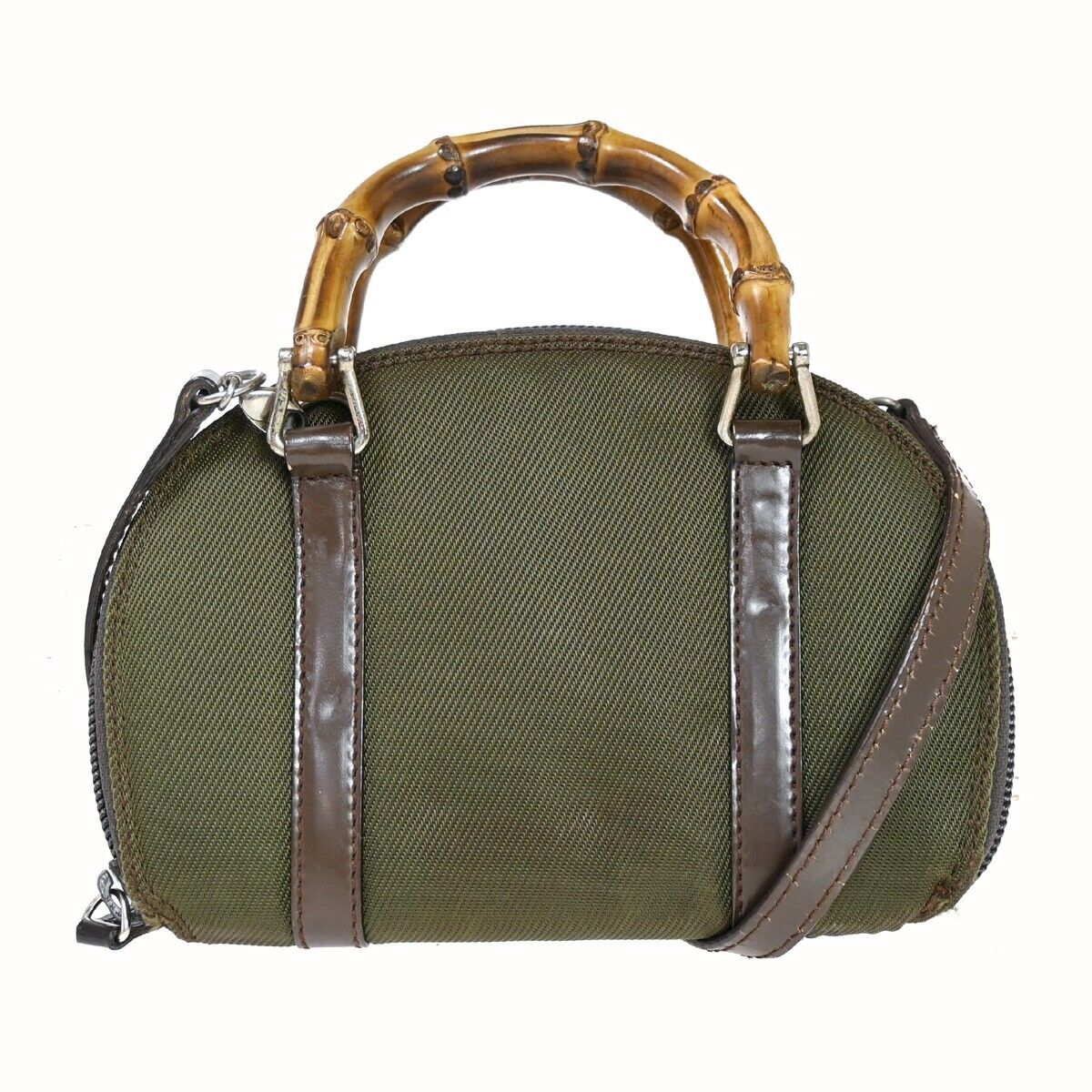 GUCCI Logo Bamboo Mini 2Way Shoulder Hand Bag Canvas Leather Khaki Italy 05HB244