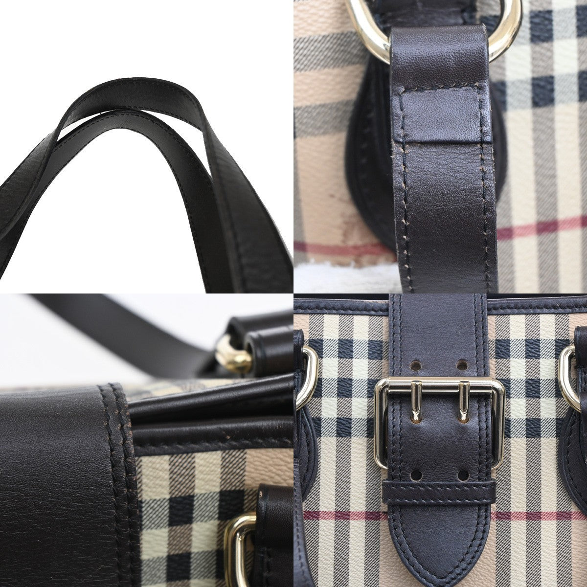 BURBERRY Nova Check Buckle Hand Bag PVC Leather Beige Brown GHW 32RL656