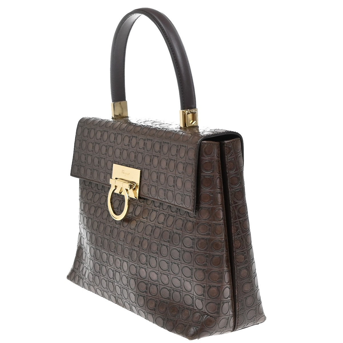 SALVATORE FERRAGAMO Logo Gancini Hand Bag Embossing Leather Brown GHW 31KA784