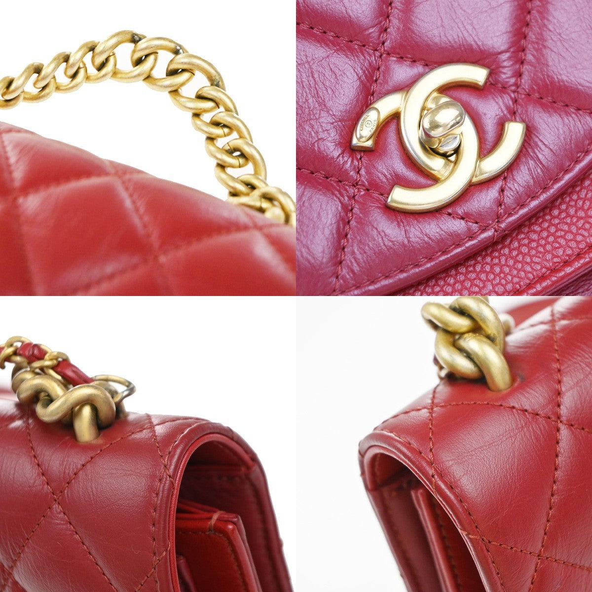 CHANEL CC 2Way Matelasse Chain Shoulder Hand Bag Calfskin Leather Red 369RP075