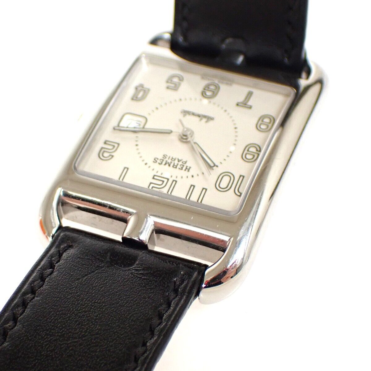 HERMES Logo Cape Cod Double Tour Wristwatch Leather ▢D Black Silver 660LC513
