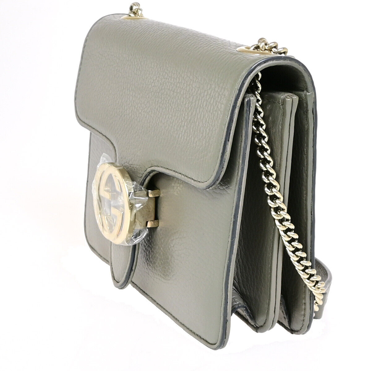 GUCCI Logo Interlocking G Chain Shoulder Bag Leather Gray GHW Italy 52YF630