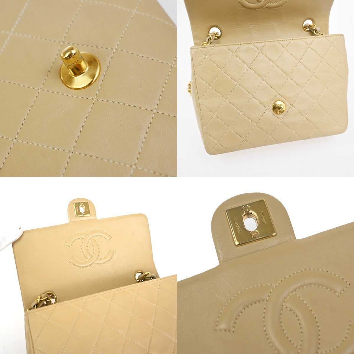 CHANEL CC Logo Mini Matelasse Chain Shoulder Bag Leather Beige GHW VTG 332RL878