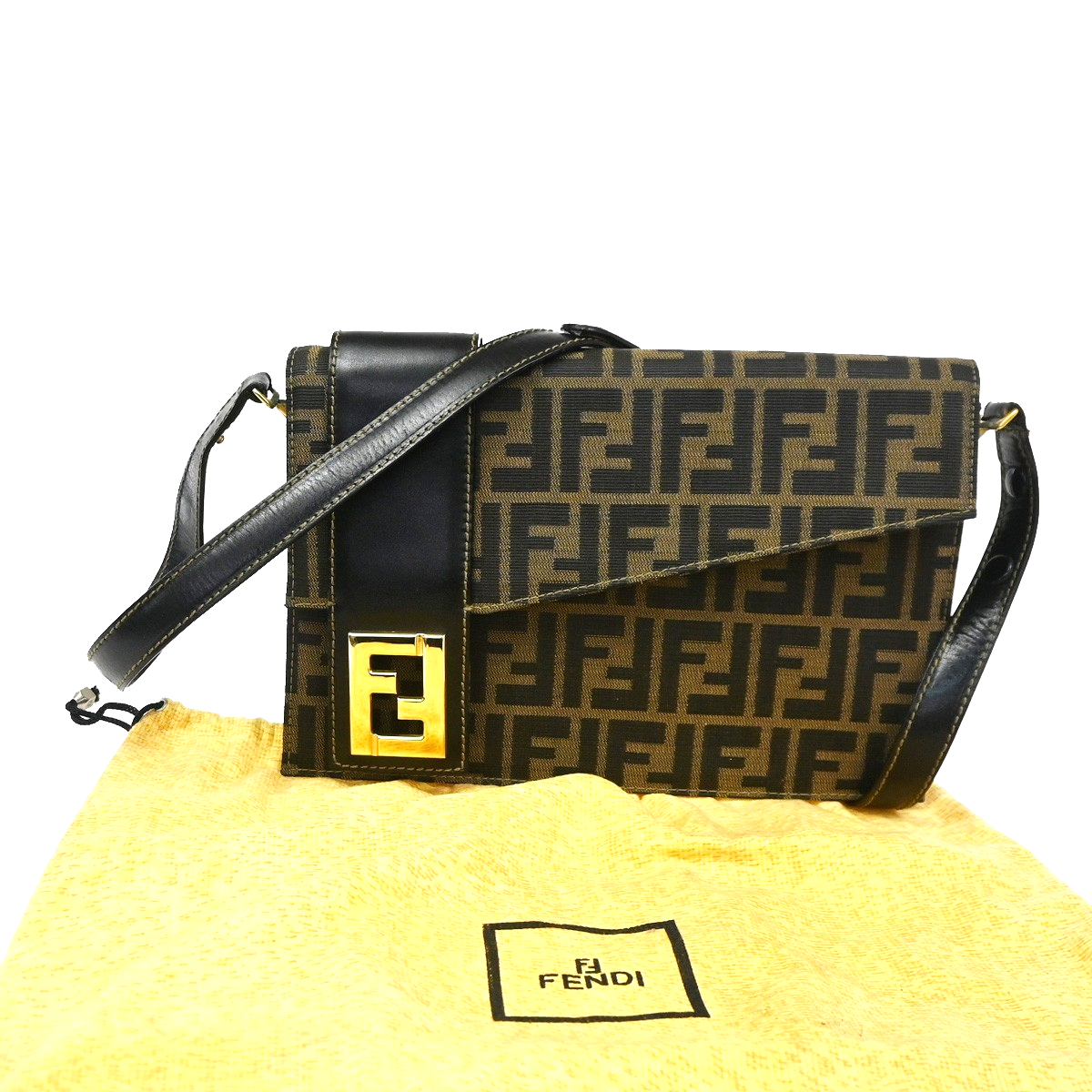 FENDI Logo Zucca Pattern Shoulder Bag Canvas Leather Brown Italy 95RL731