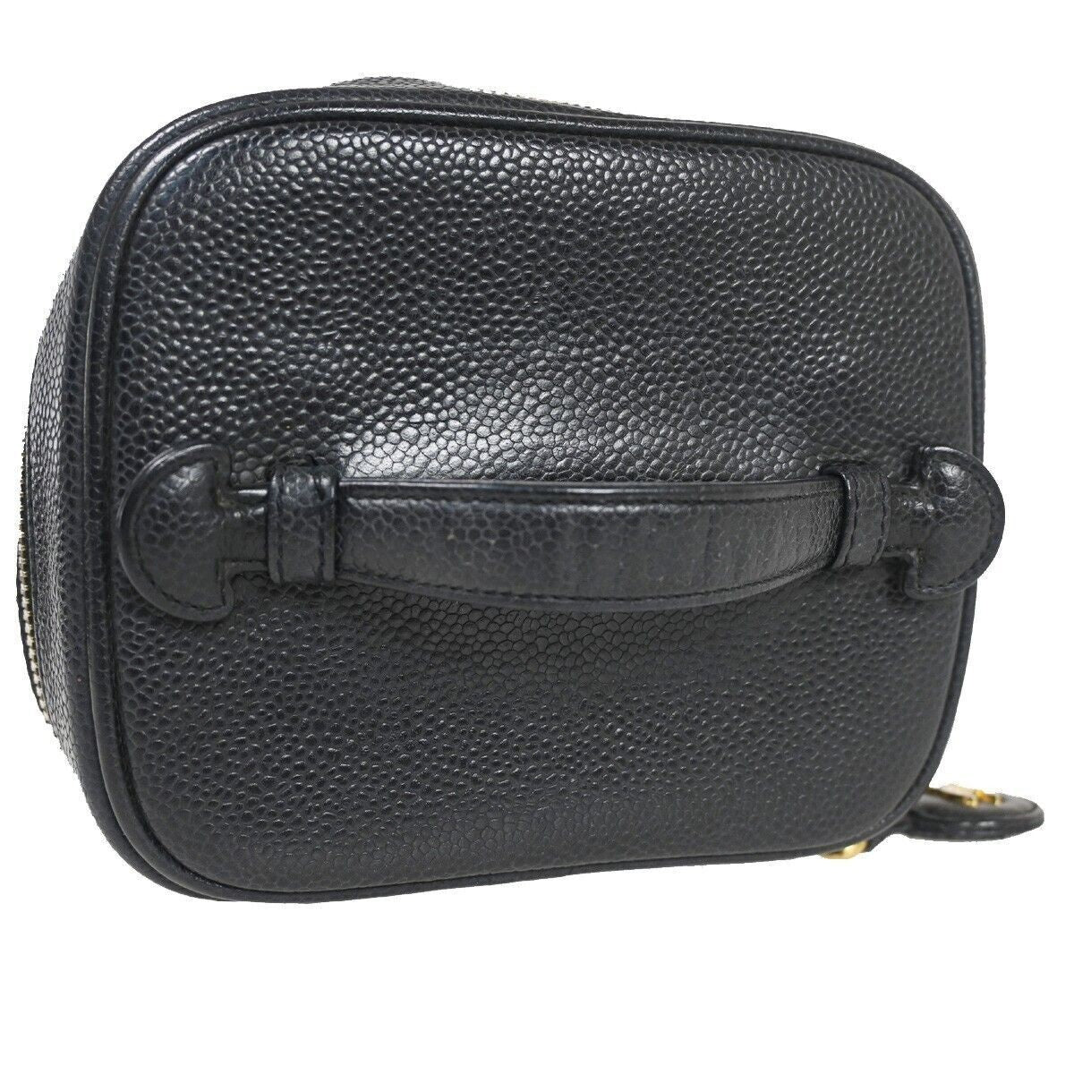 CHANEL CC Logo Cosmetic Vanity Hand Bag Grained Calfskin Leather Black 614RH061