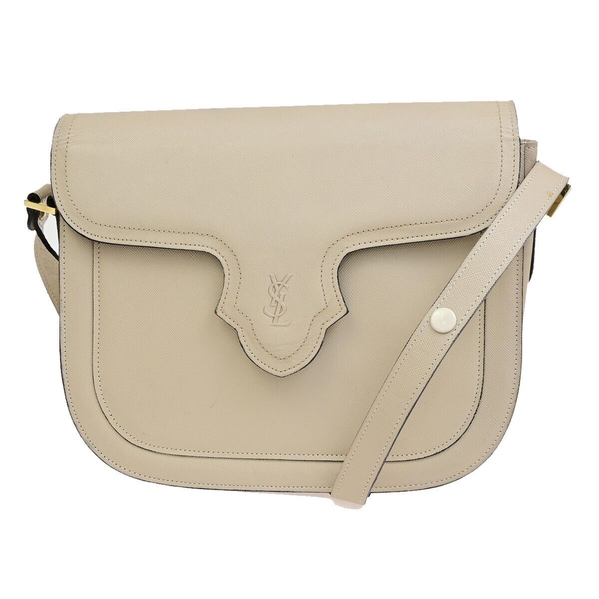 YVES SAINT LAURENT YSL Logo Shoulder Bag Leather Beige GHW 62EE051