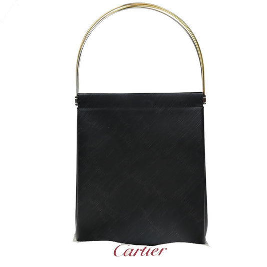 CARTIER Logo Trinity Tricolor Handle Hand Bag Leather Black France 85EE131