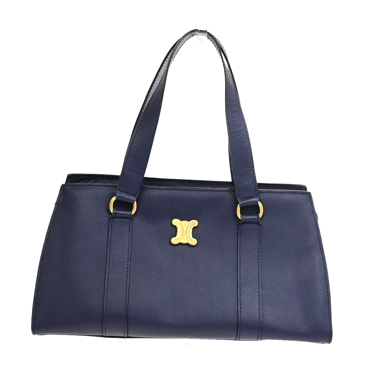 CELINE Logo Shoulder Hand Bag Grained Leather Navy Blue GHW Italy 65KD114