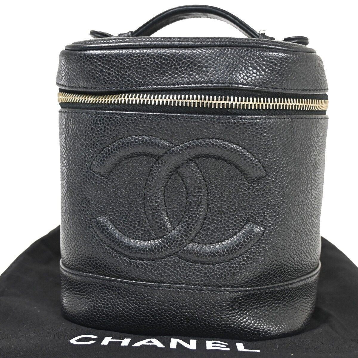 CHANEL CC Logo Cosmetic Vanity Hand Bag Grained Calfskin Leather Black 614RH061