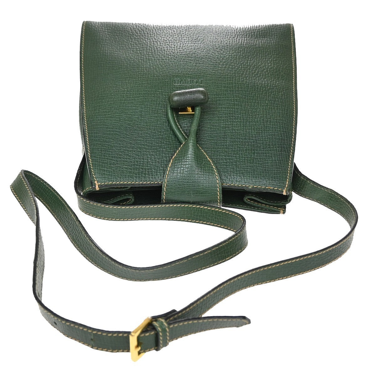 LOEWE Logo Turn Lock Shoulder Hand Bag Leather Green GHW Italy 86YJ123