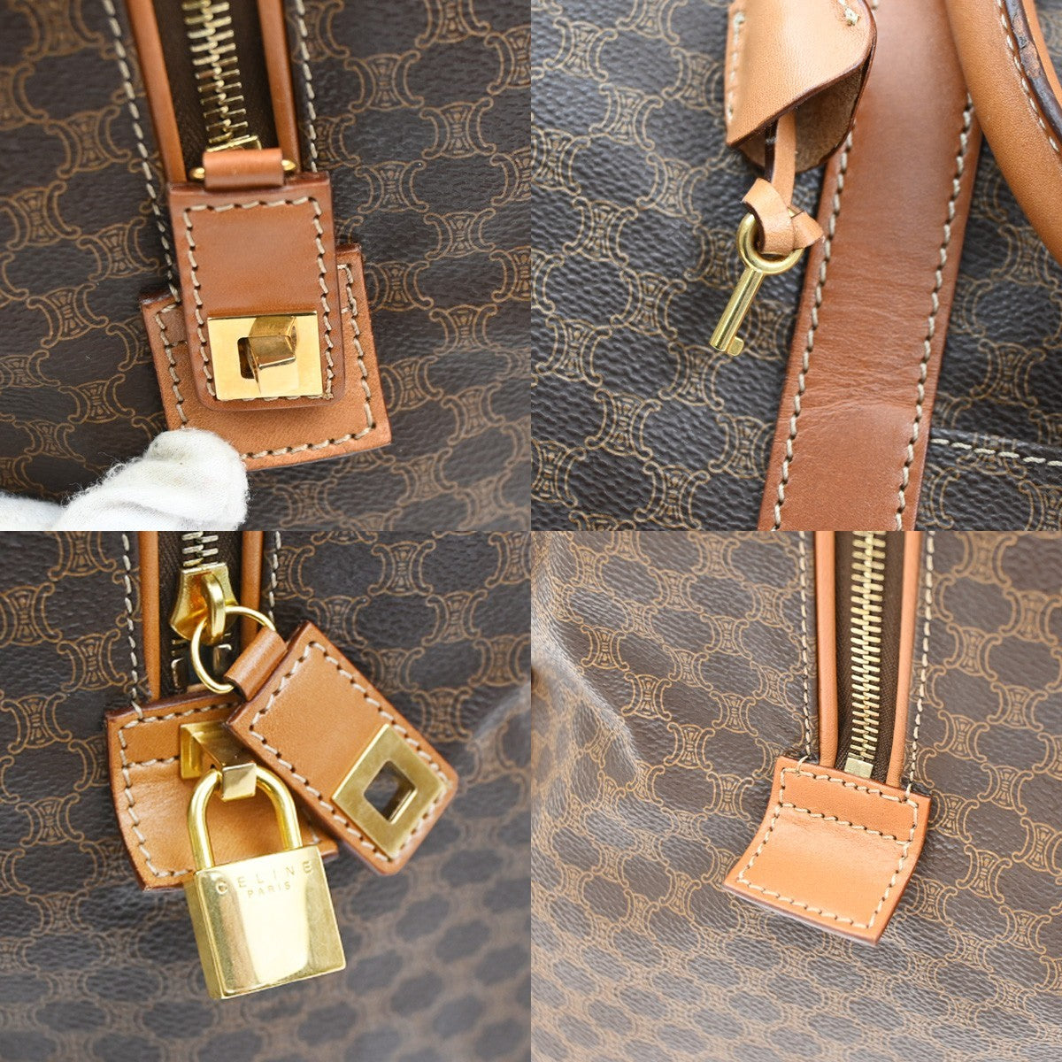 CELINE Logo Macadam Pattern Boston Hand Bag PVC Leather Brown GHW 30CA937