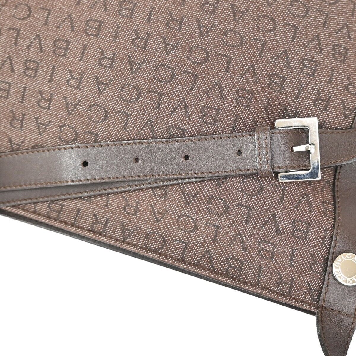 BVLGARI Logo MANIA Crossbody Shoulder Bag Canvas Leather Brown Silver 68DA075