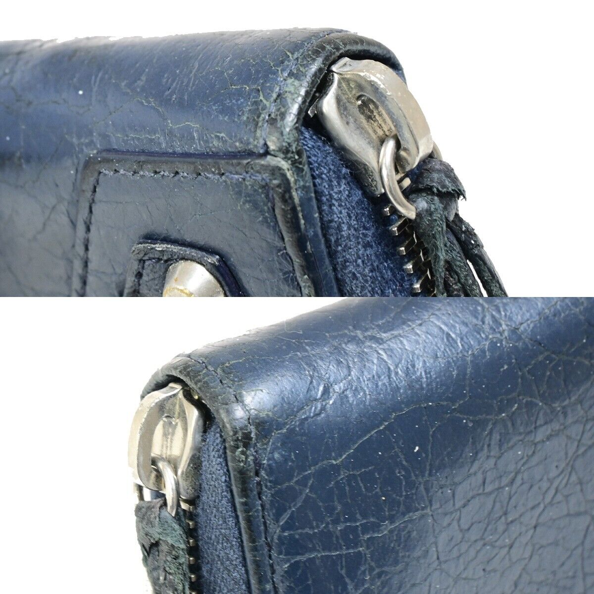 BALENCIAGA Logo Continental Zip Around Long Wallet Purse Leather Navy 09FB095