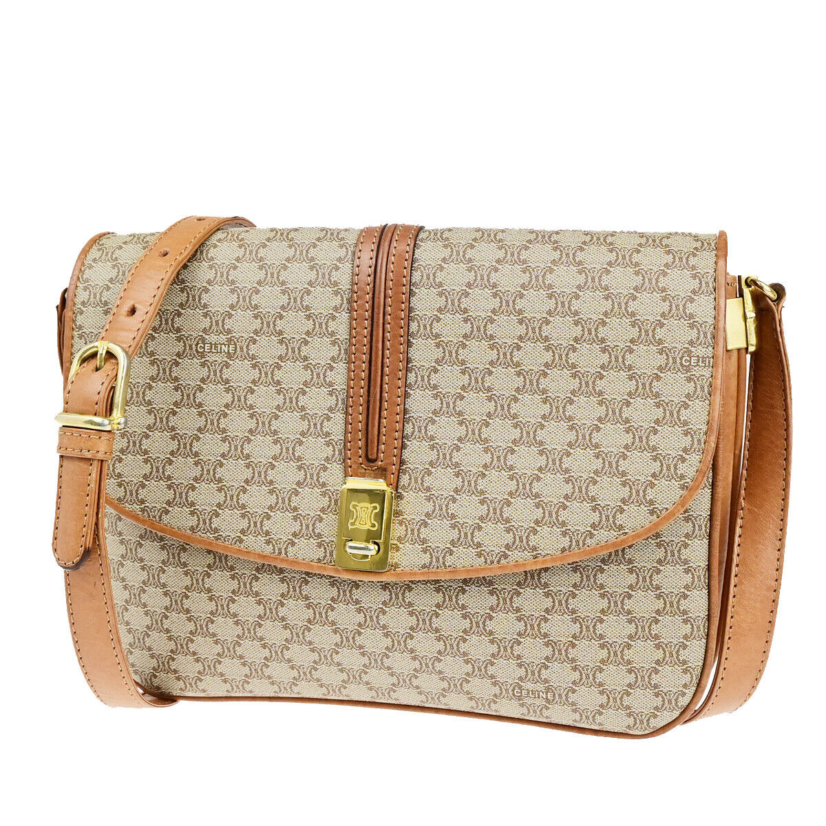 CELINE Logo Macadam Pattern Shoulder Bag PVC Leather Brown GHW Italy 36YG547