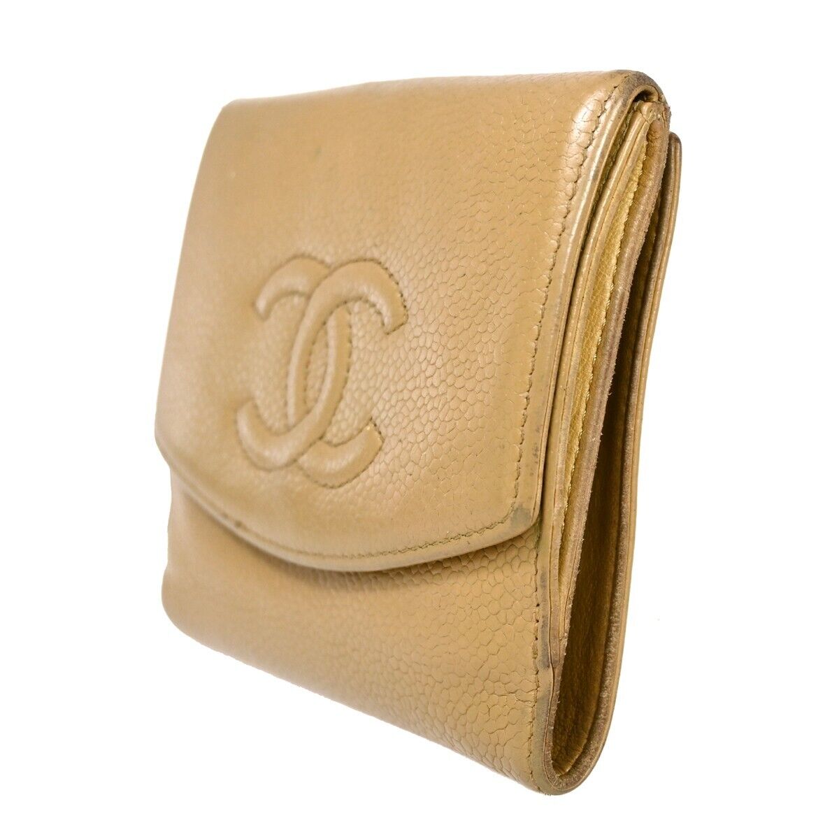 CHANEL CC Logo Bifold Wallet Purse Caviar Skin Leather Beige France 05HB310
