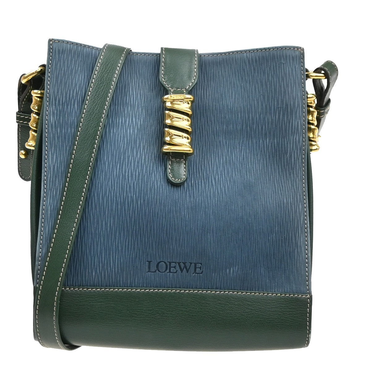 LOEWE Velazquez Logo Shoulder Bag Suede Leather Green Blue GHW Spain 97MA549