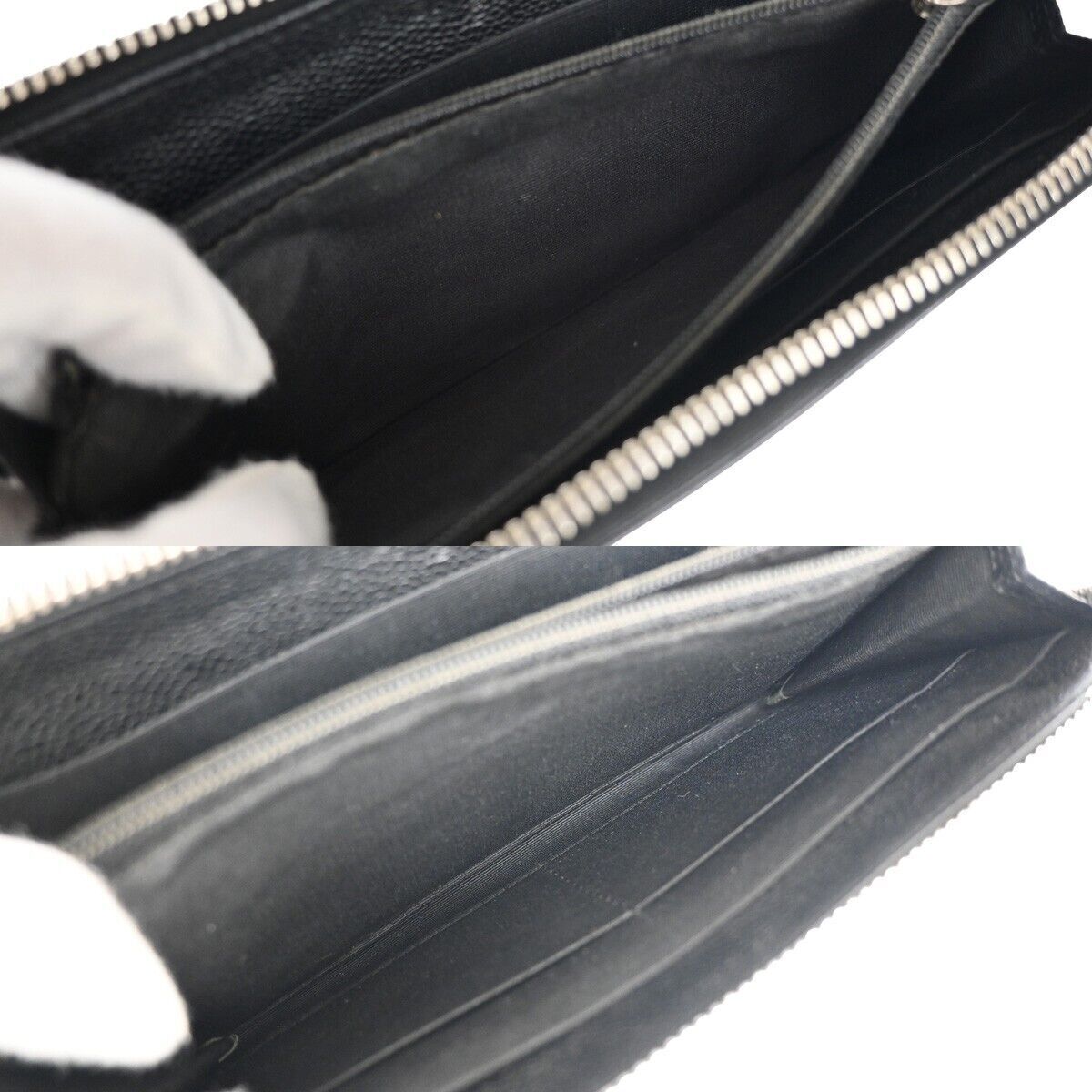 CHANEL CC Logo Zipper Long Bifold Wallet Purse Caviar Skin Leather Black 38YC420