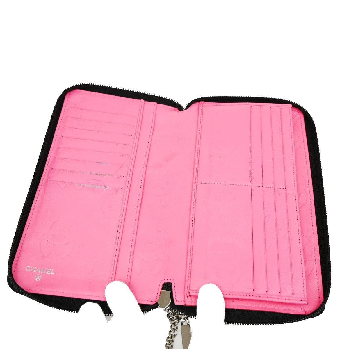CHANEL CC Logo Cambon Zip Around Long Bifold Wallet Leather Black Pink 39EF850
