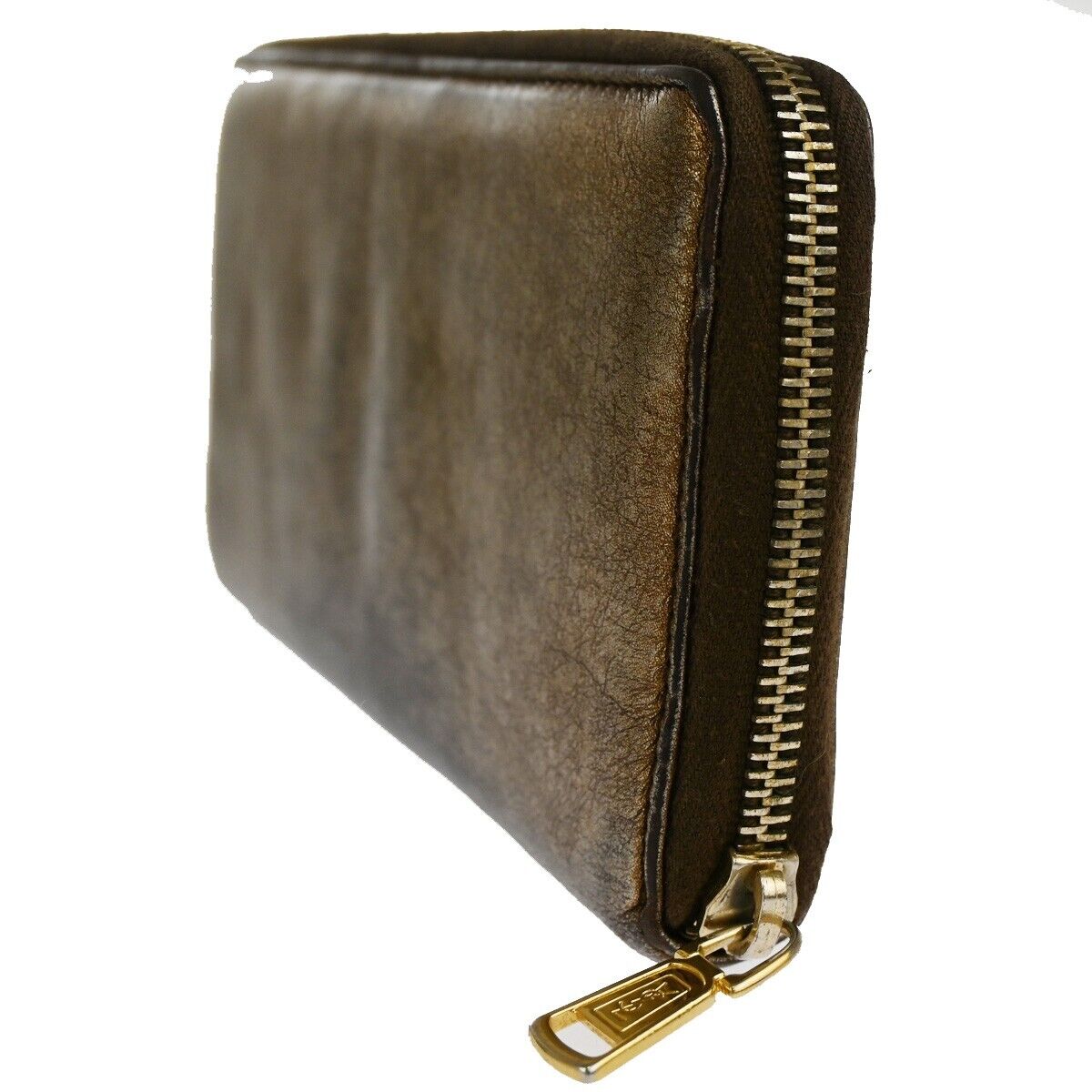YVES SAINT LAURENT Logo Long Zipper Wallet Purse Leather Metallic Gold 07HB850