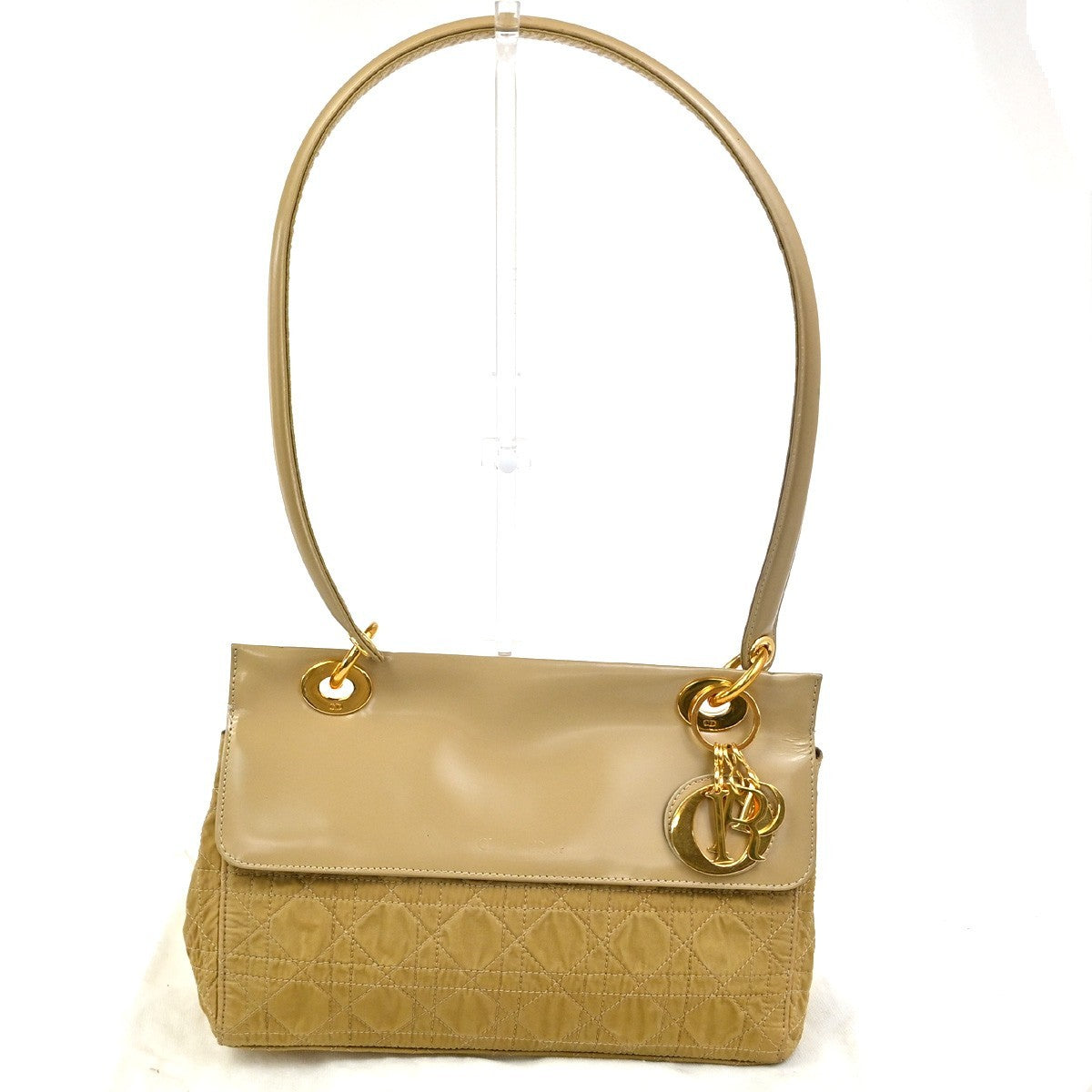 CHRISTIAN DIOR Shoulder Bag Patent Nylon Leather Beige GHW Italy 39TA647