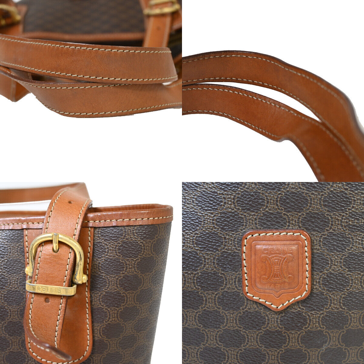 CELINE Logo Macadam Pattern Shoulder Tote Bag PVC Leather Brown GHW 33YE326