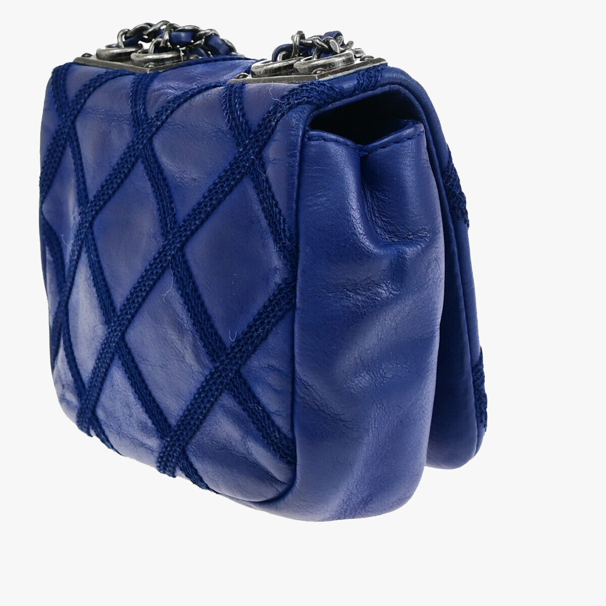 CHANEL CC Logo Mini Matelasse Chain Shoulder Bag Leather Blue SHW Italy 397RK203