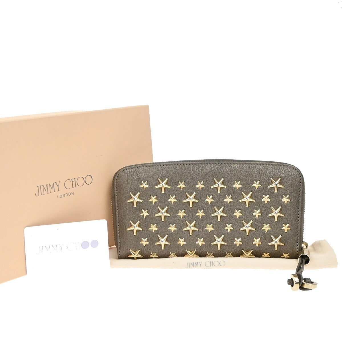 JIMMY CHOO Star Studs Zipper Long Wallet Leather Brown Gold Italy 64KP311