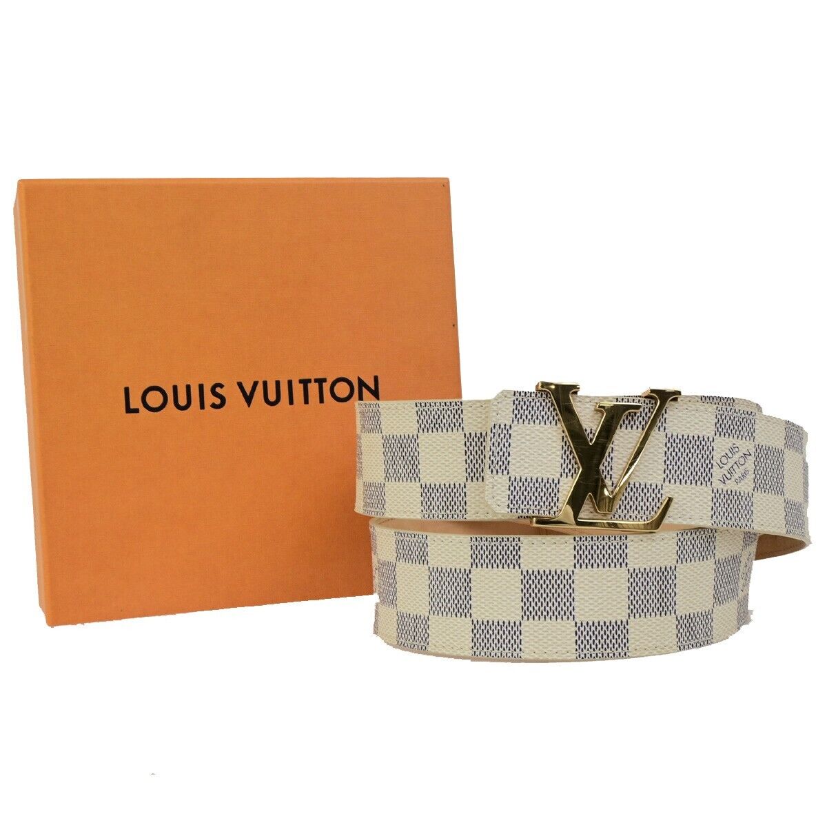 LOUIS VUITTON Ceinture Initiales Belt 100/40 Damier Azur Leather White 35FB275