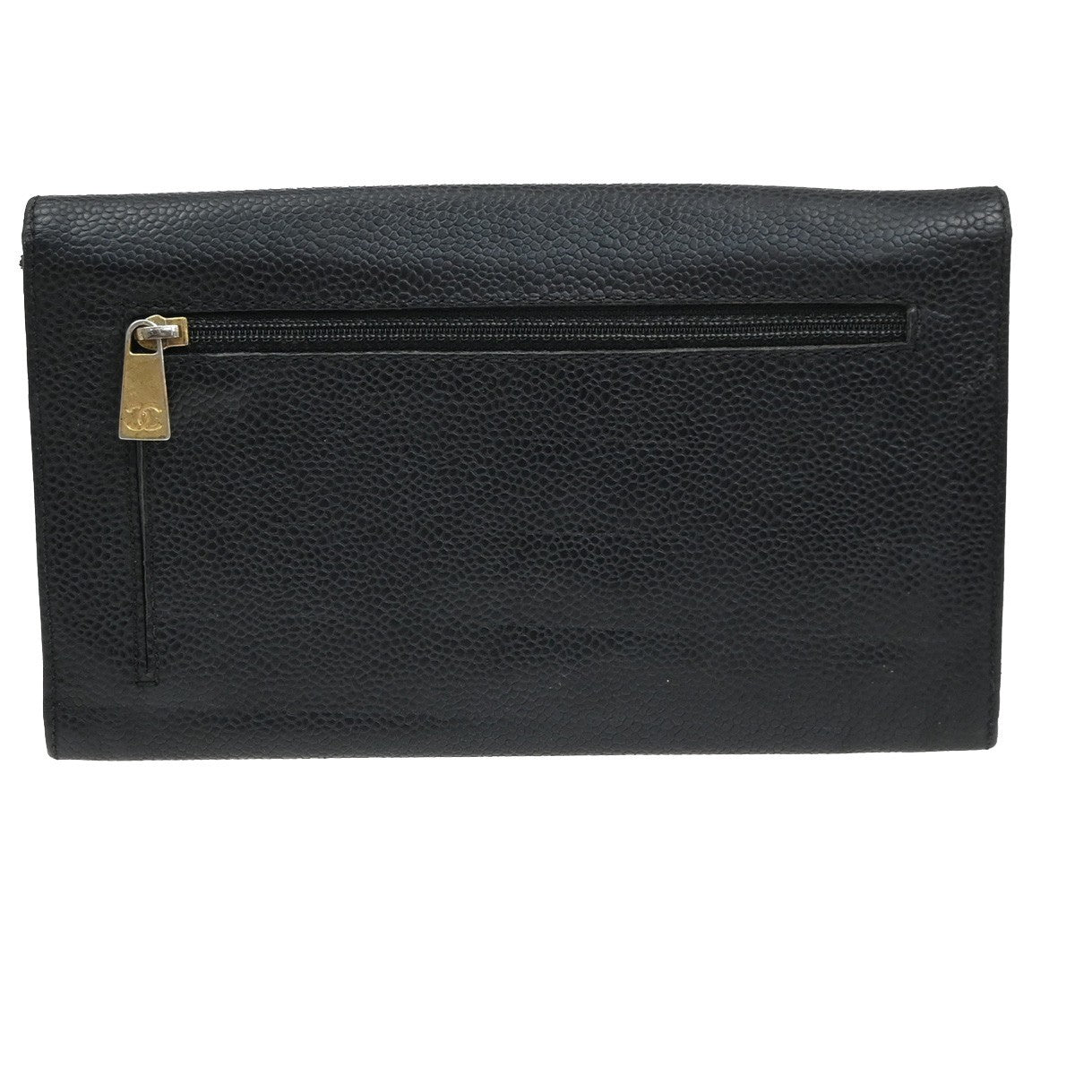 CHANEL CC Logo Bifold Long Wallet Grained Calfskin Leather Black Italy 65MA653