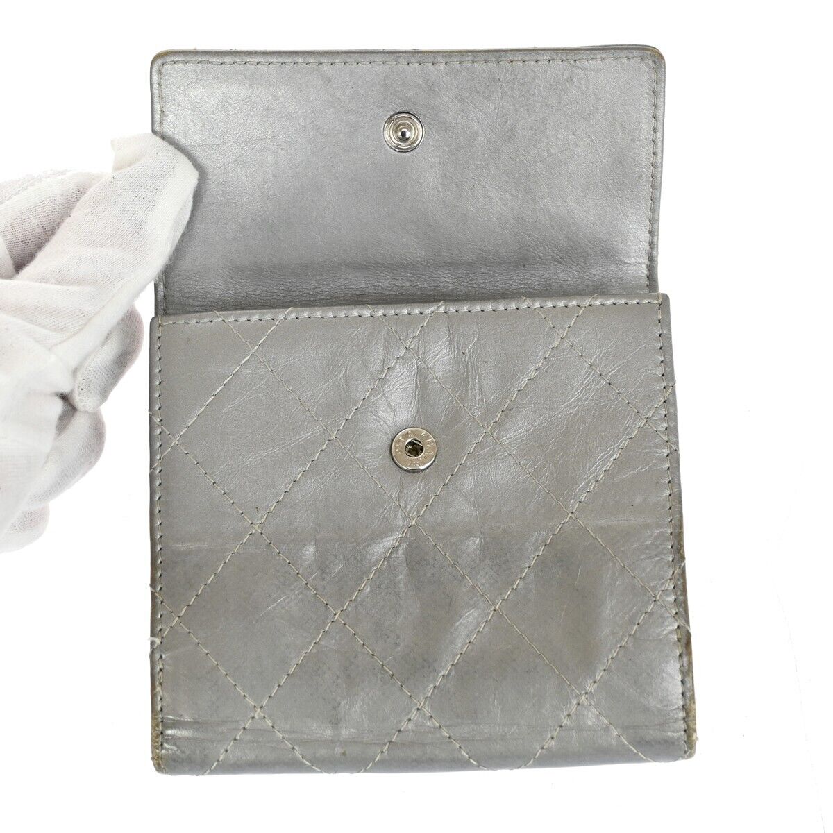 CHANEL CC Logo Matelasse Bifold Wallet Purse Leather Silver SHW Italy  04HB384