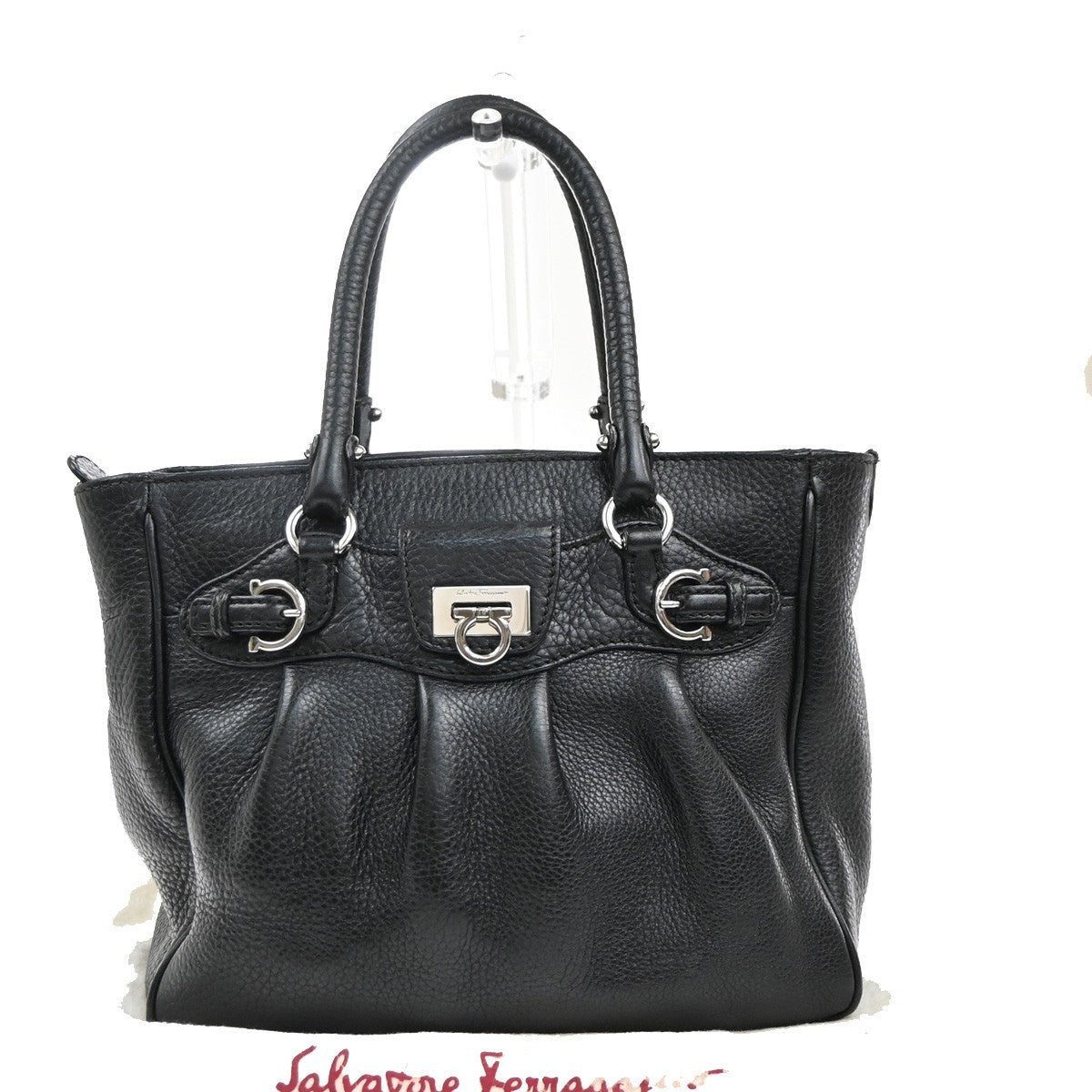 SALVATORE FERRAGAMO Logo Gancini Hand Bag Leather Black SHW Italy 36EG392