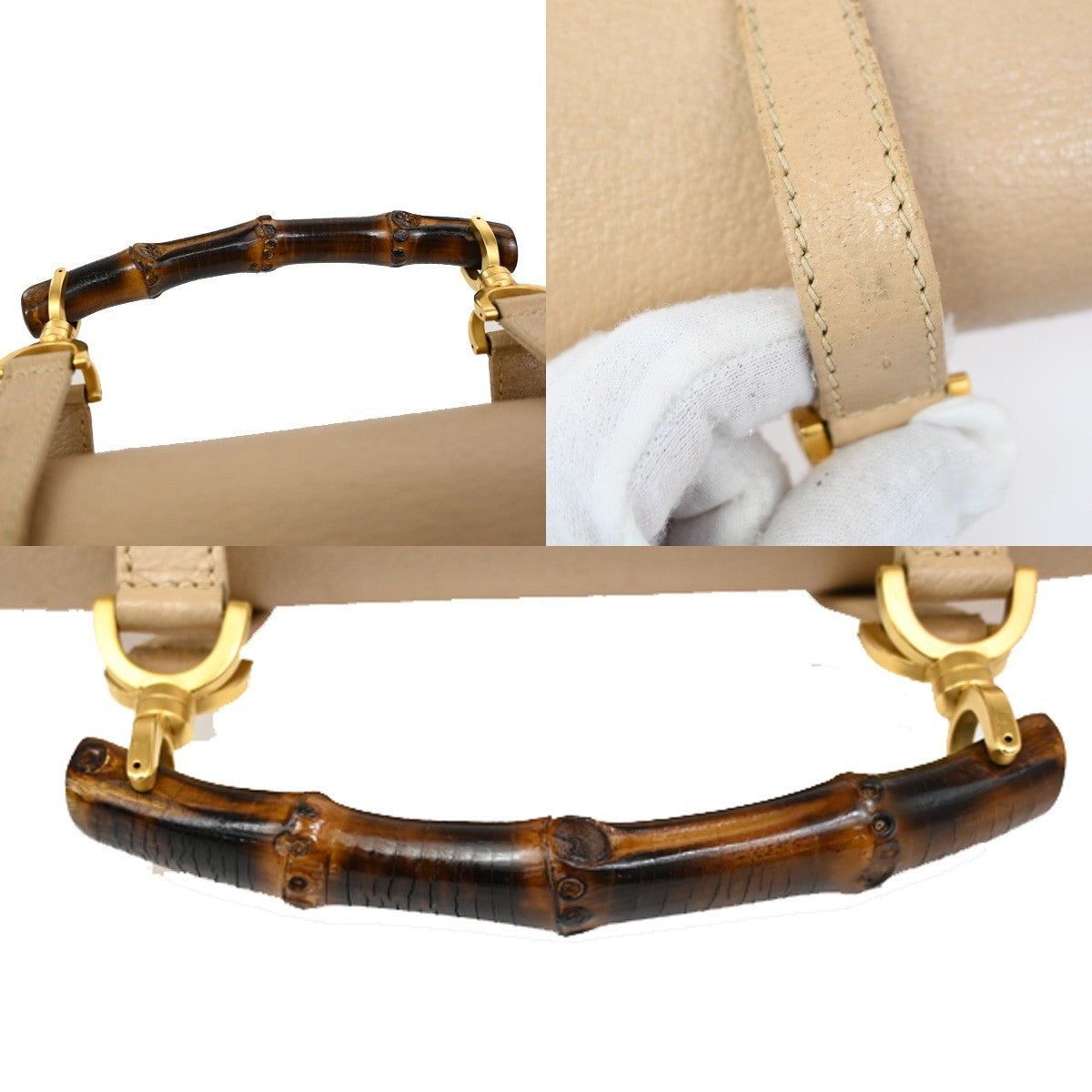 GUCCI Logo Bamboo 2Way Shoulder Hand Bag Leather Beige GHW Italy 95KB654