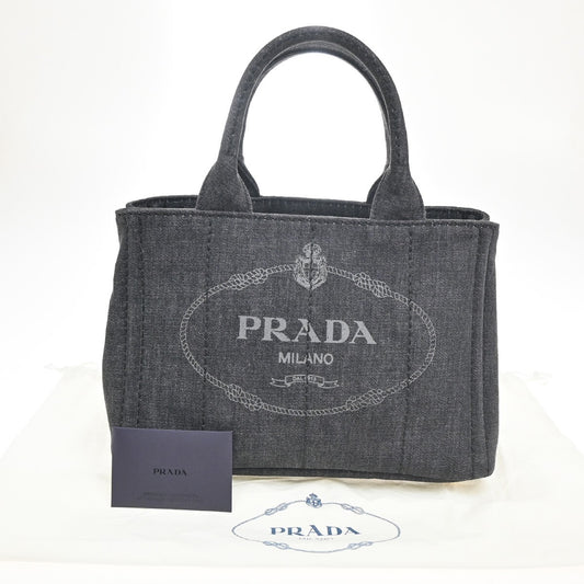 PRADA Milano Logo CANAPA Tote Hand Bag Denim Leather Black Gold Italy 73EF002