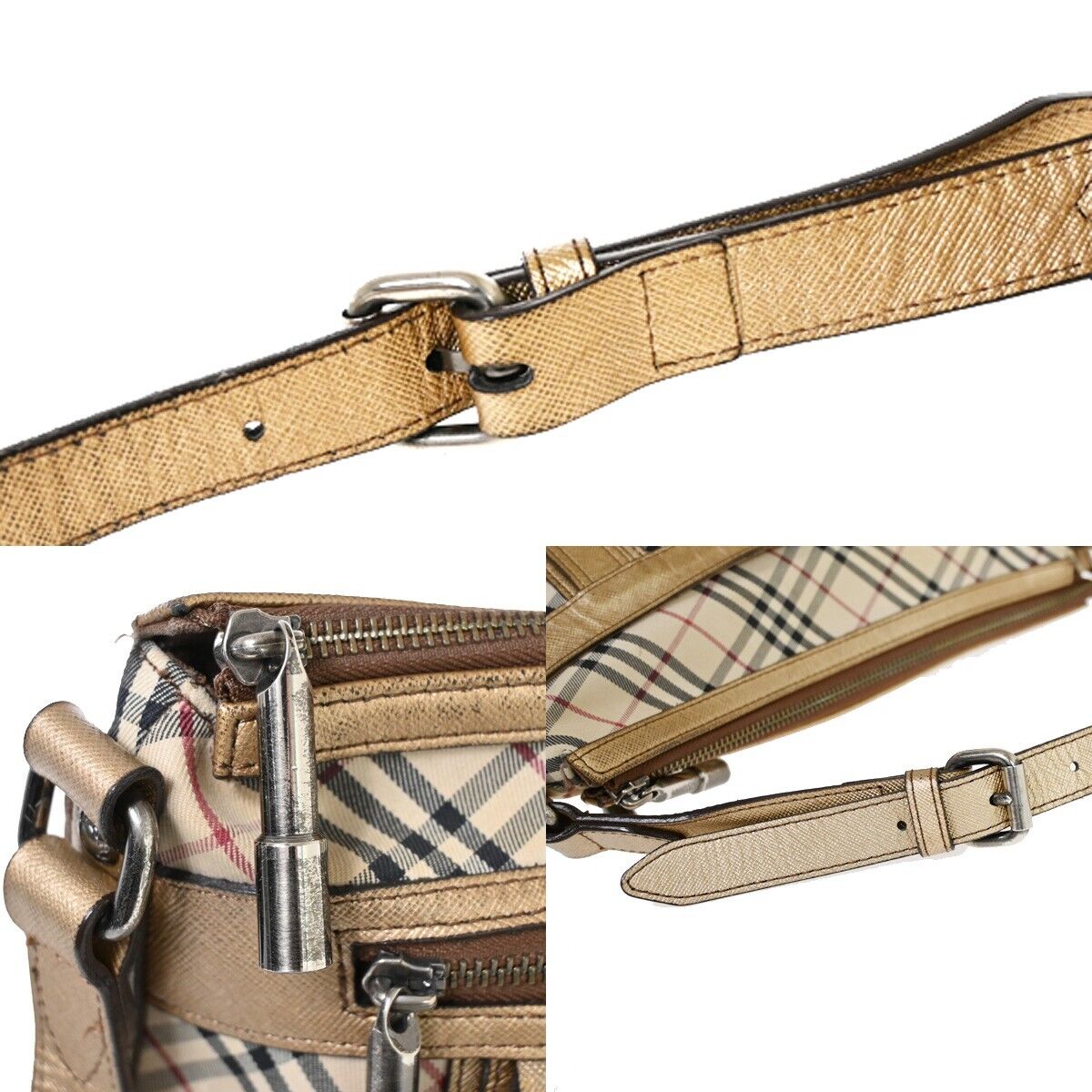 BURBERRY Logo Nova Check Shoulder Bag Canvas Leather Beige Gold Silver 60HB657