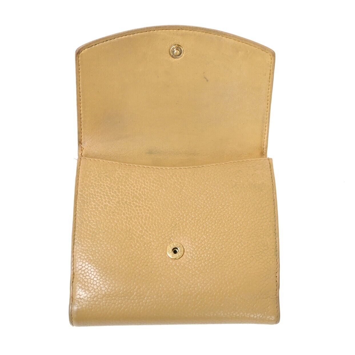 CHANEL CC Logo Bifold Wallet Purse Caviar Skin Leather Beige France 05HB310