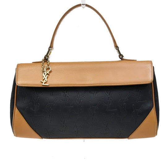 YVES SAINT LAURENT YSL Logo Hand Bag PVC Leather Black Brown Gold 03EE380