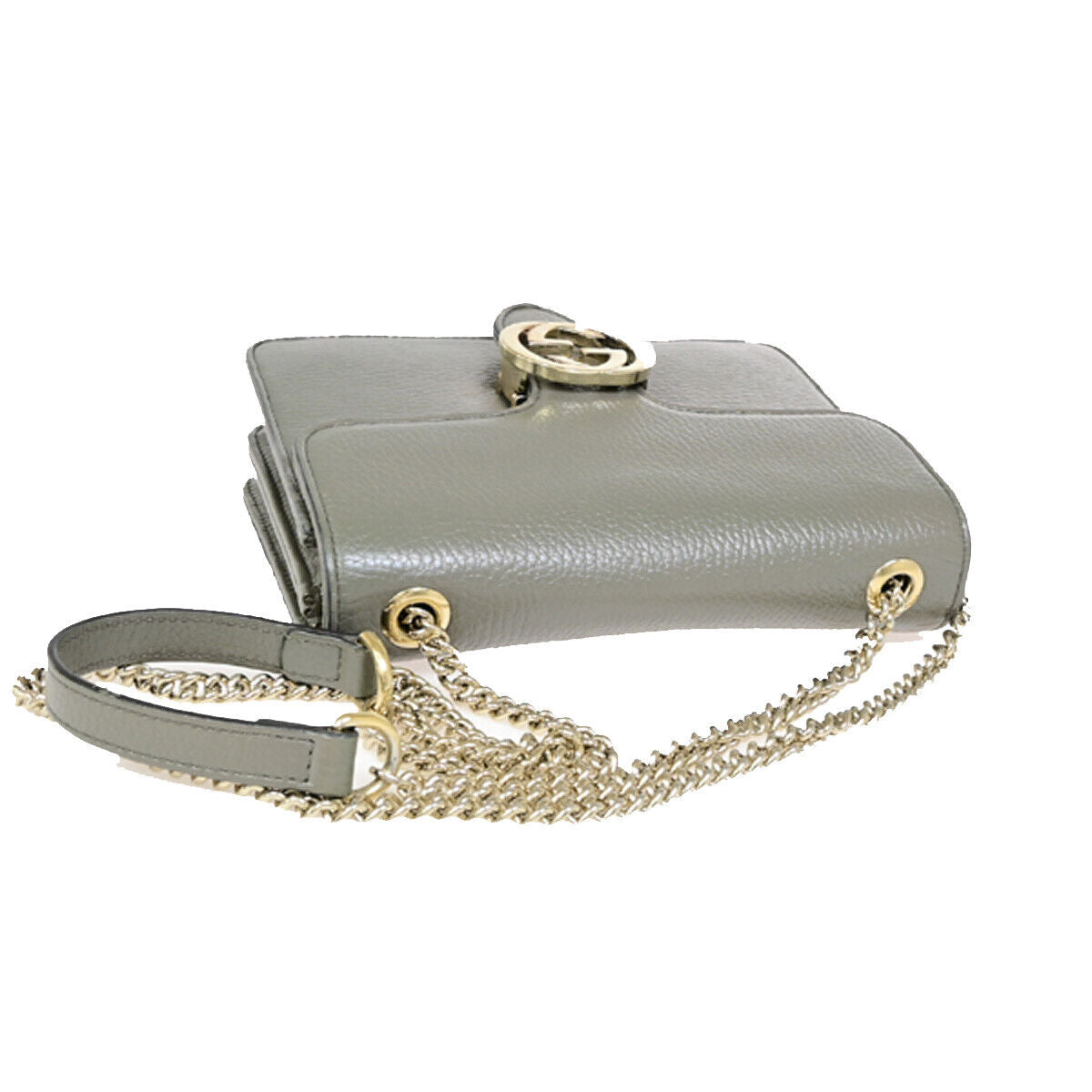 GUCCI Logo Interlocking G Chain Shoulder Bag Leather Gray GHW Italy 52YF630